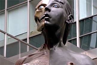 Damien Hirst’s 35ft-tall statue of a young pregnant woman. Screen capture from The Mona Lisa Curse.