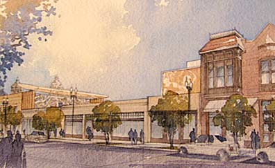 View from Main Street – Pugh + Scarpa Architects. Watercolor. In this artist’s conception of the future Mural and Interpretive Center, the Siqueiros mural is located on the rooftop pictured at far left. This would be the view from Main Street, parallel to the foot traffic area of Olvera Street.