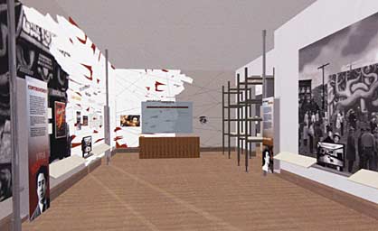 Perspective Looking Toward Entry – Pugh + Scarpa Architects. Digital illustration. In this artist’s concept, the entry room of Mural and Interpretive Center is pictured. 