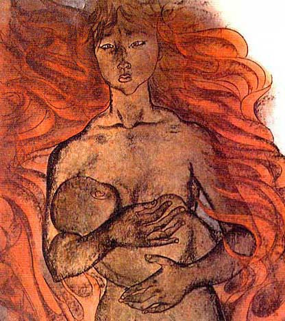 A young mother with her baby engulfed in atomic fire. Detail from the Hiroshima Panels by Iri and Toshi Maruki