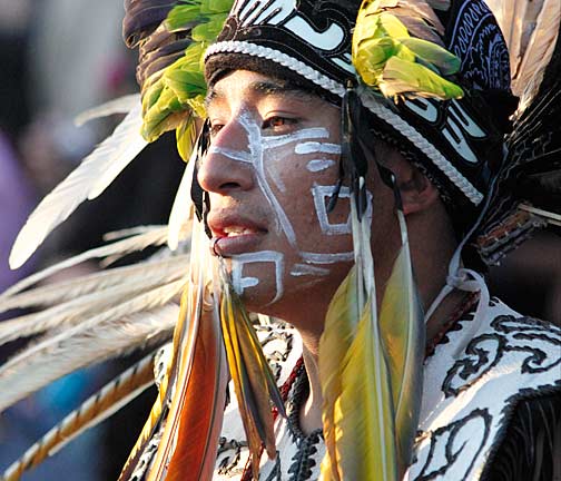 Danzante (Dancer). Photograph - Mark Vallen 2011 ©. One of the dozens of practitioners of traditional Danza Azteca to attend the festival.