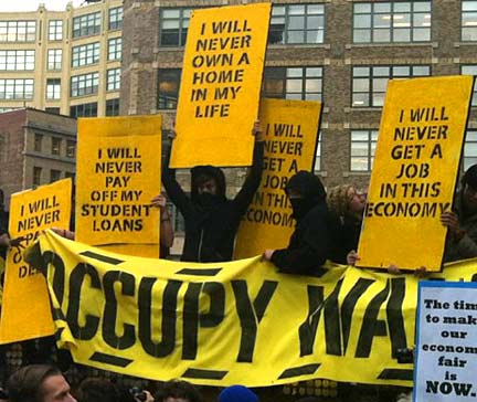 Placards at Foley Square, New York City, Nov. 15, 2011. - Anonymous artist. Photo from www.occupywallst.org