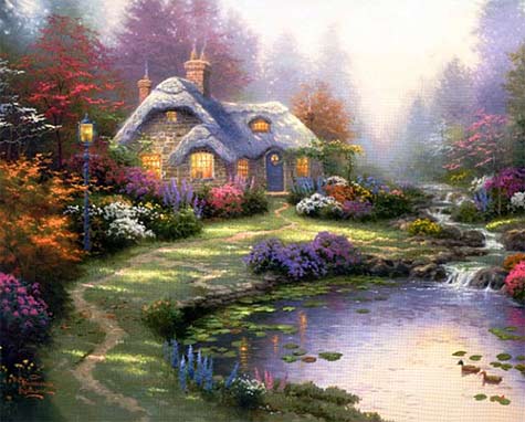 An oil painting indicative of Thomas Kinkade's larger body of work. Date and title unknown.