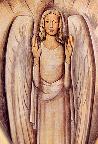 Detail of the mural from the Chapel of the Santa Barbara Cemetery. Alfredo Ramos Martínez. 1934. One of four Angels painted in the dome above the chapel's Altar. Photograph by Mark Vallen ©.