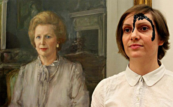During a protest at London's 2014 BP Portrait Award at the National Portrait Gallery, an anonymous artist, her face splattered with oil, stands before a portrait of Margaret Thatcher. Photo by Jen Wilton/Art Not Oil.