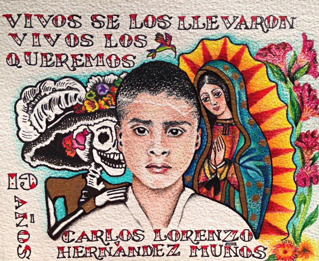 Carlos Lorenzo Hernández Muñoz - Poster of the missing 19-year old Ayotzinapa student created by Laila Cohen.