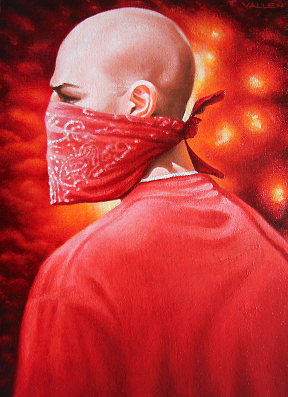 "Masked" - Mark Vallen 2015 ©. Oil on linen, mounted on masonite. 11 x 15 inches.