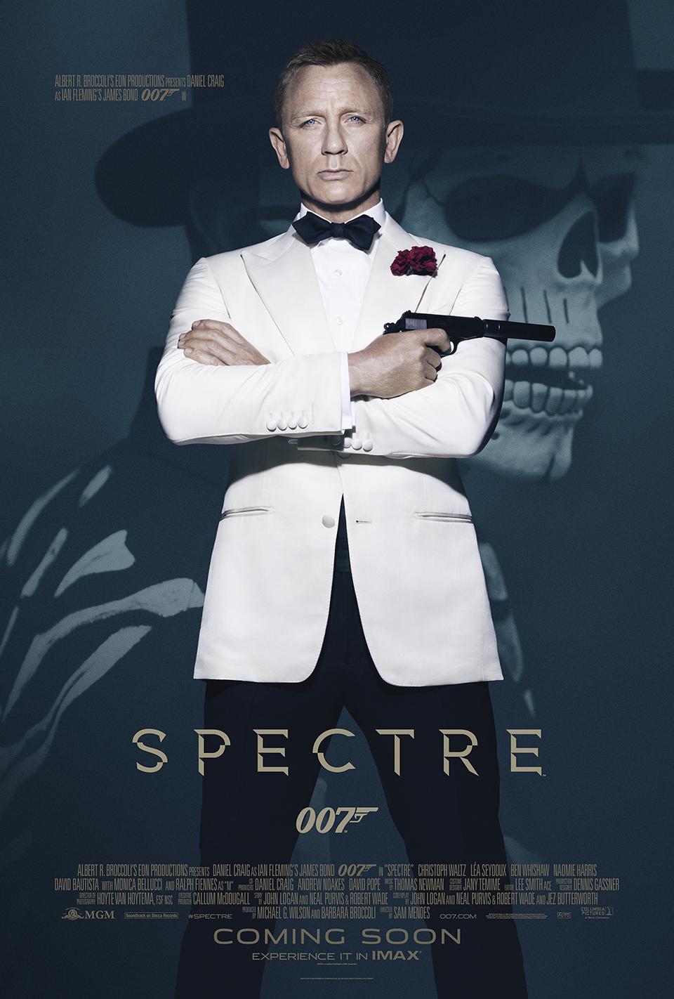 "Spectre" movie poster from MGM. Daniel Craig strikes a classic pose as Agent 007, dressed in a white tuxedo jacket and holding a Walther PPK .380 pistol with a silencer. Can you spot the poster's colossal blunder? 
