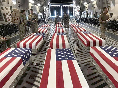 The bodies of 13 US service members killed in terrorist suicide bombing at Hamid Karzai International Airport, return home on Aug. 28, 2021.