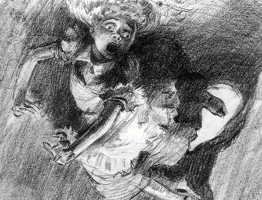 “Alice down the rabbit hole.” This illustration by British artist David Hall depicts a terrified Alice tumbling down the burrow of the White Rabbit. The art comes from the 1939 proposed draft for the Disney animated film “Alice in Wonderland.” It was reject by Disney for being too dark and frightening, and too detailed to animate. Some of Hall’s amazing concept art for Alice in Wonderland can be found online, but the demo reel produced for Disney has been lost to history.